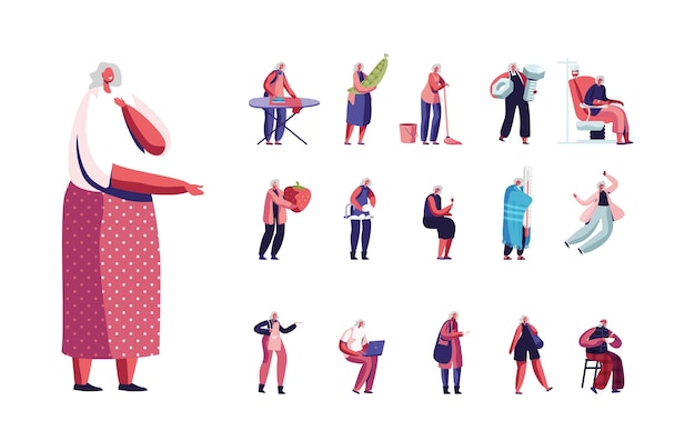 Set van senior vrouwelijke personages lifestyle. leeftijd grijsharige vrouw strijkservice kleding, dweil vloer, gezonde voeding en bloeddonatie geïsoleerd op een witte achtergrond. cartoon mensen vector illustratie bundel