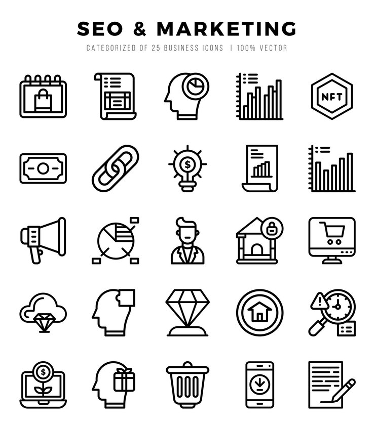 Vector set van seo marketing iconen lineaire icoontjes collectie