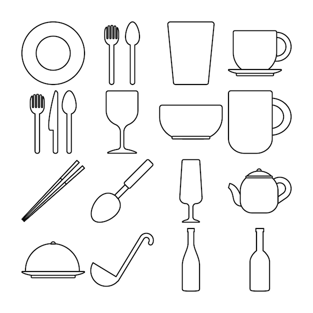 set van servies apparatuur icoon vector illustratie schets servies ontwerp