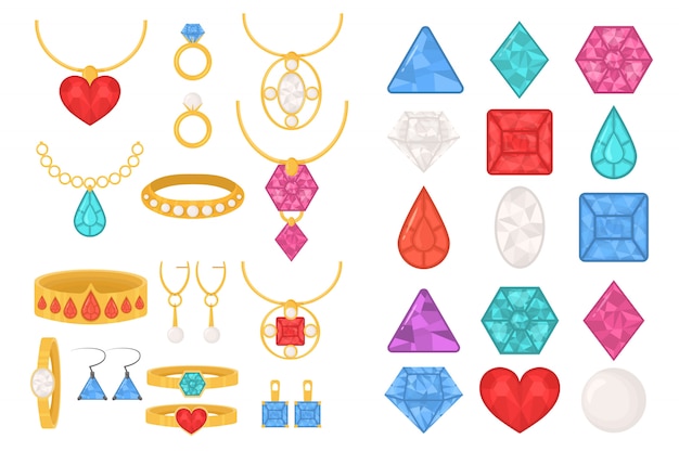 Vector set van sieraden kleurrijke pictogrammen. luxe kostbare juwelen van ringen, kettingen, kettingen met hangers, oorbellen, armbanden, ingelegd met diamanten, robijnen, parels en saffieren. illustratie, eps 10