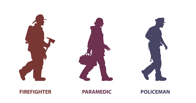 Set van silhouet Profiel wandelen reddingsteam Brandweerman Paramedicus Politieagent Vector illustratie