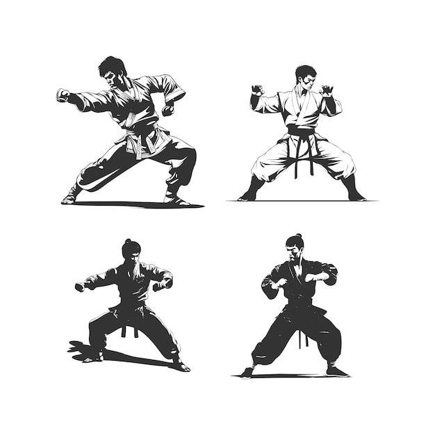 set van silhouetten van krijgskunsten Kung Fu met verschillende actie pose geïsoleerd op witte achtergrond