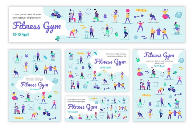 Set van sjablonen voor poster en spandoek voor fitnessclubs mannen en vrouwen voeren oefeningen uit op sportuitrusting