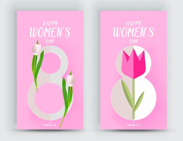 Set van sjablonen voor social media-verhalen voor Vrouwendagviering. Happy Women's Day 8 maart tekst.Vector