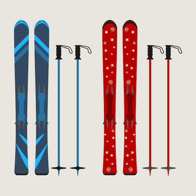 Set van ski- en skistokken winteruitrusting vectorillustratie