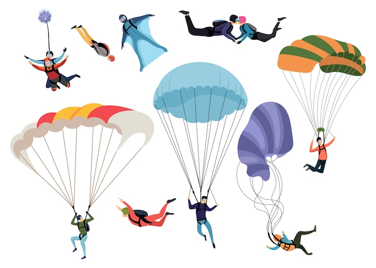 Vector set van skydivers. verzameling van professionele skydiving mensen. extreme hobby.