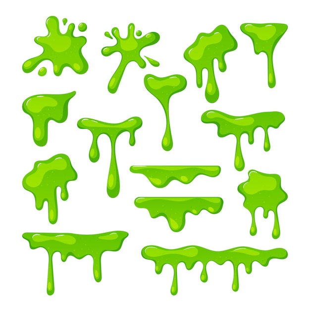 Set van slijmspatten Vloeibare goo van giftige groene kleur abstracte vlekken die Halloween-textuur druipen voor bannerdecoratie