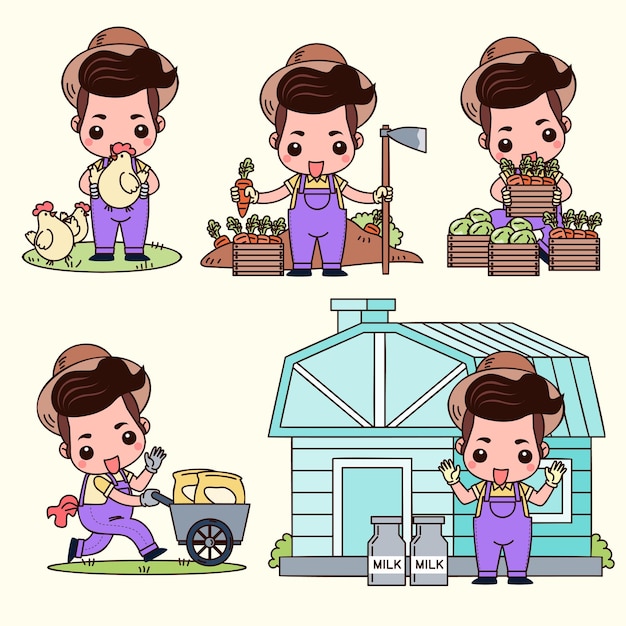 Set van slimme boerderij en landbouw jonge boer en landbouw en veeteelt in cartoon karakter vectorillustraties