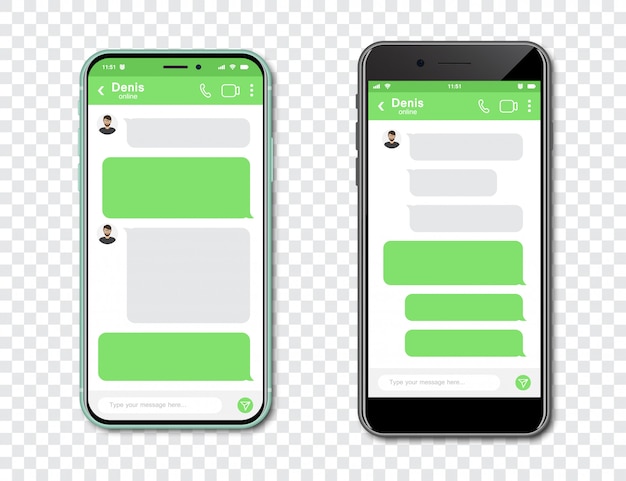 Vector set van smartphones met lege chat-messenger. sjabloon met bericht bubbels in smartphone