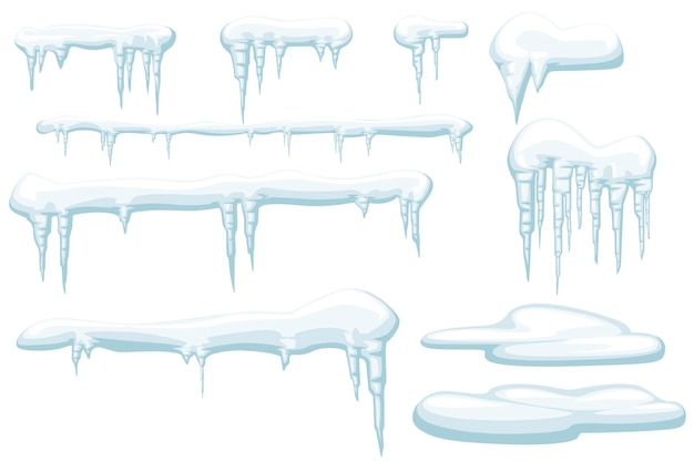 Vector set van sneeuw ijspegels en sneeuw caps winter elementen platte vectorillustratie geïsoleerd op een witte achtergrond.