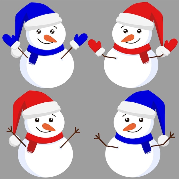 Set van sneeuwpoppen winter nieuwjaar en kerstkarakter in kerstmuts vectorillustrator