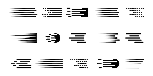 Set van snelheidslijnen vector iconen. Snel bewegingseffect. Zwarte horizontale actielijnen.