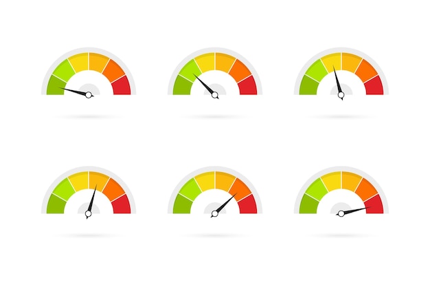 Set van snelheidsmeter plat pictogrammen Infographic van risicometer score voortgang Vector logo voor webdesign mobiel en infographics Geïsoleerd op witte achtergrond Dashboard met pijlen