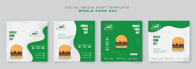Set van social media post op groen witte achtergrond met hamburger in cartoon design voor wereldvoedseldag