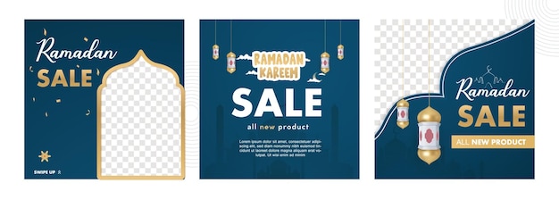 Set van social media post-sjabloon voor Ramadan kareem-verkoop met gouden lantaarn en gouden ornament