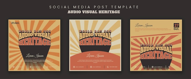 Set van social media postsjabloon met retro typografieconcept voor audiovisueel erfgoedontwerp