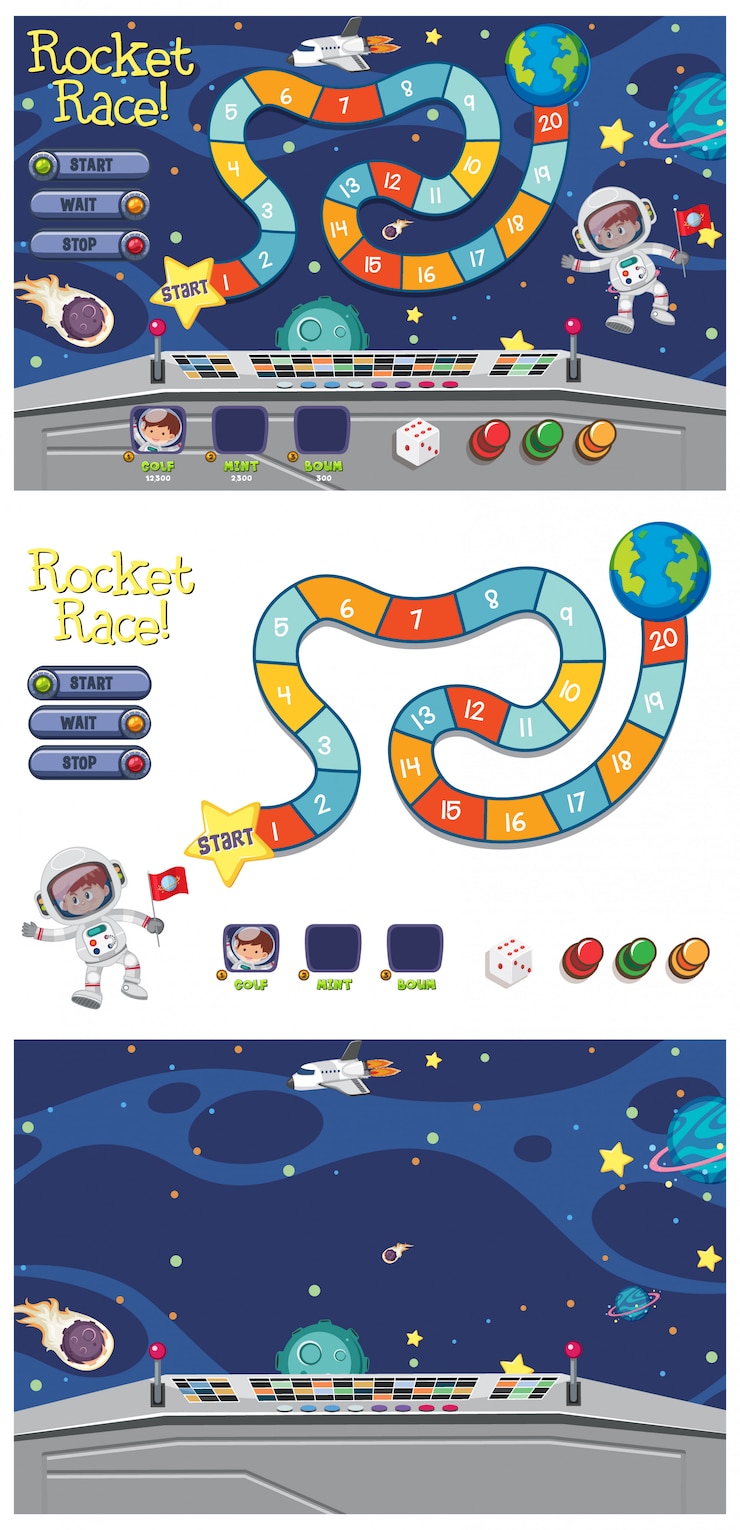Vector set van spelsjabloon met astronaut in de ruimte