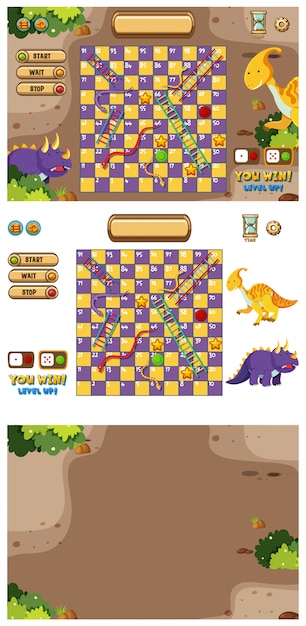 Vector set van spelsjabloon met dinosaurussen op grond