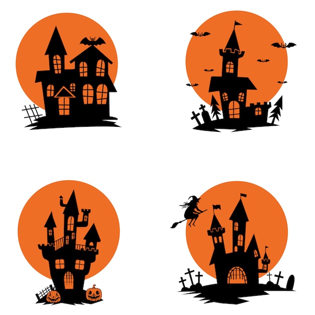 Set van spookhuizen. halloween-thema. elementen voor poster, wenskaart, uitnodiging. illustratie