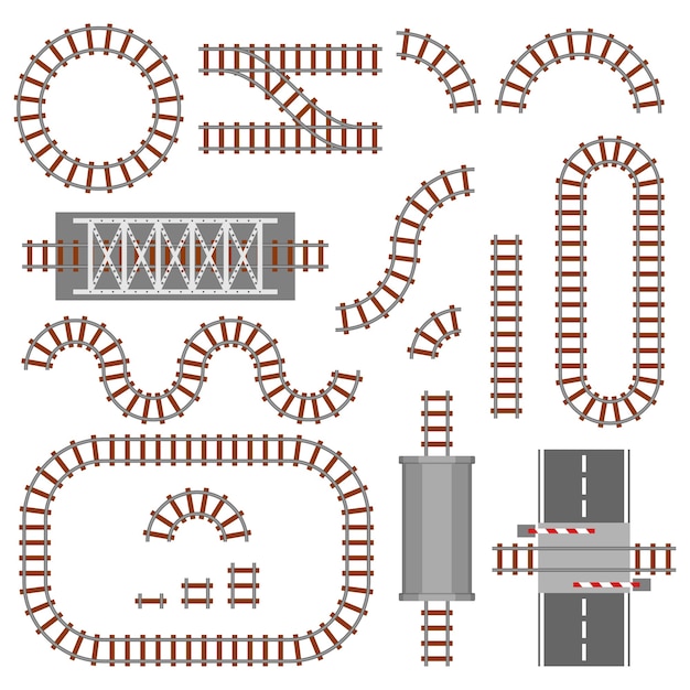 Vector set van spoorwegonderdelen, bovenaanzicht van het spoor of de spoorweg. verschillende treinconstructies-elementen.