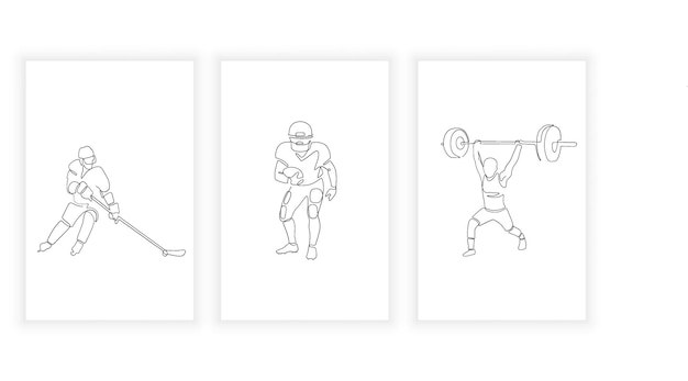 Set van sport en atleet lijntekeningen en doorlopende lijn minimalistisch concept hockey rugby lifter