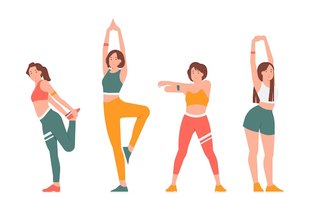 Set van sporters stretching workout training fitness in de sportschool yoga oefening staan in verschillende houding gezonde levensstijl en gewichtsverlies concept illustratie