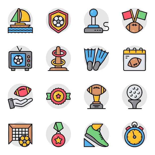 Set van sportgereedschap en accessoires Platte iconen