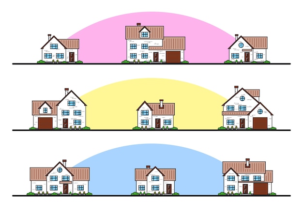 Set van stedelijke en voorstedelijke woonhuizen in cottage-stijl, dunne lijnpictogrammen.