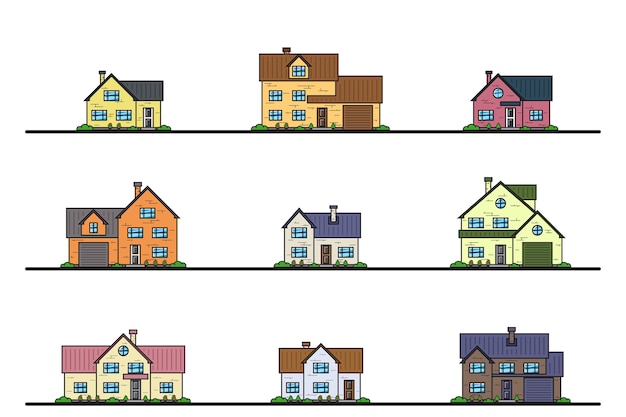 Set van stedelijke en voorstedelijke woonhuizen in cottage-stijl, dunne lijnpictogrammen.