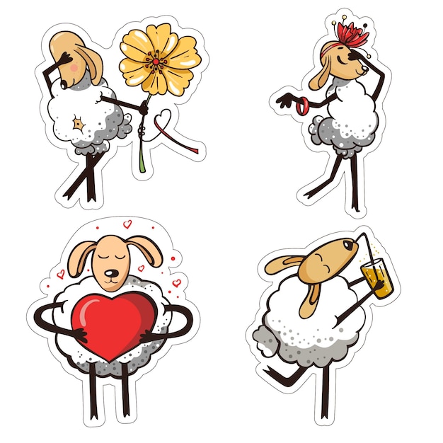 Set van stickers met schattige schattige schaap Love concept Cartoon kleurrijke stijl