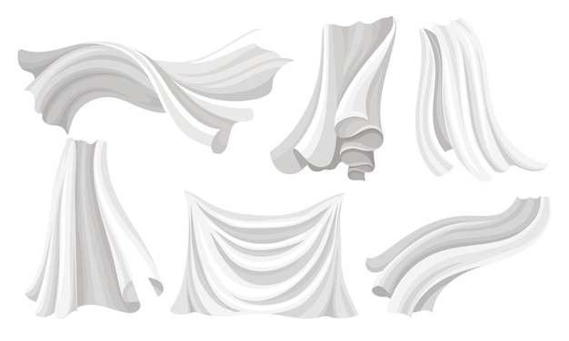 Vector set van stukken golvende witte stof die in de wind fladderen tafeldoek gordijnplaat vector illustratie