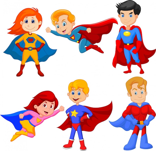 Set van superheld meisje en jongen met verschillende vormen