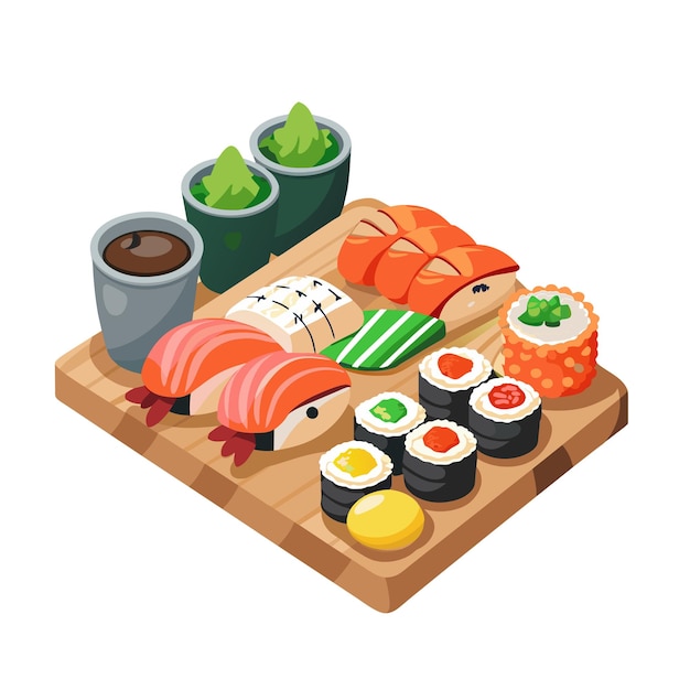 set van sushi en sashimi Aziatische zeevruchten sushi soja saus met forel vis zalm en kaviaar