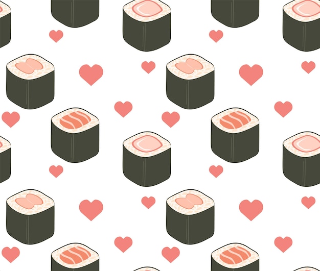 Set van sushi in nori en harten Ik hou van sushi Naadloze patroon in vector Aziatische keuken Japans eten