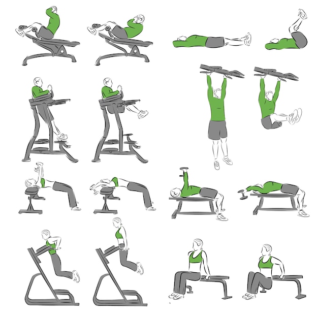 Set van systematische bodybuilding oefeningen voor basisuitrusting