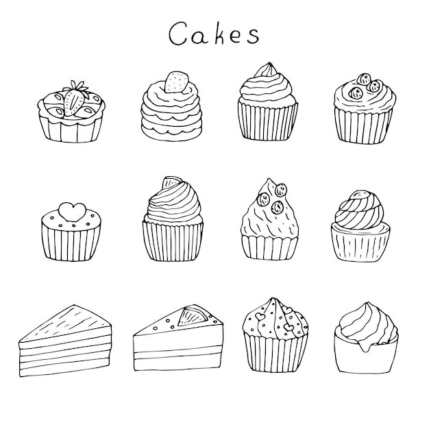 Set van taarten cupcakes en stukken vector illustratie hand tekenen doodles