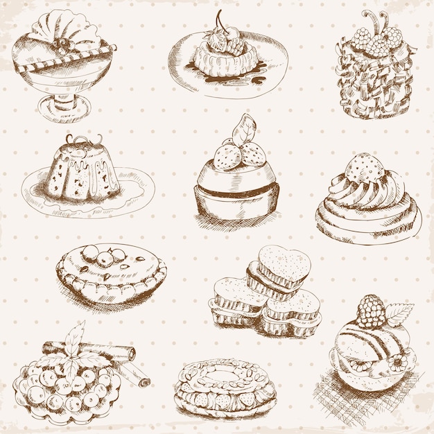 Set van taarten met snoep en desserts
