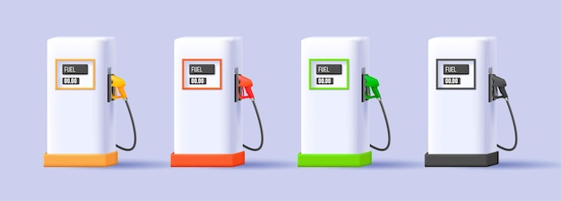 Set van tankstation apparatuur wit 3d render illustratie met kleurrijke gaskanonnen digitale pictogram render stijl