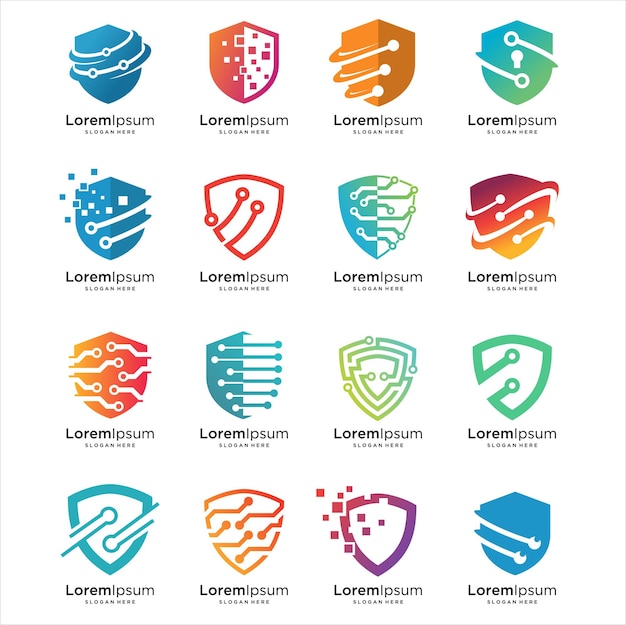 Set van tech schild beveiliging logo ontwerp sjabloon element shield idee logo ontwerp inspiratie