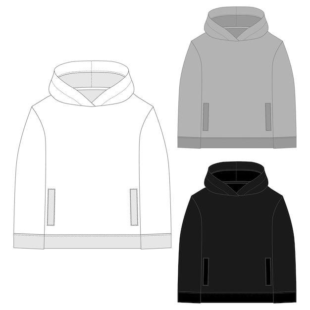 Vector set van technische schets voor mannen hoodie. sjabloon hoody. technische tekening kinderkleding. witte, grijze, zwarte kleuren. vector illustratie