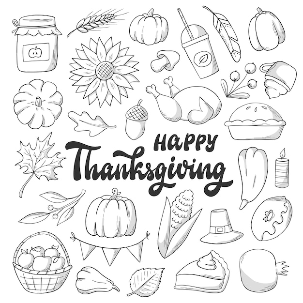 Set van thanksgiving getekende doodles geïsoleerd op een witte achtergrond. goed voor posters, kleurplaten