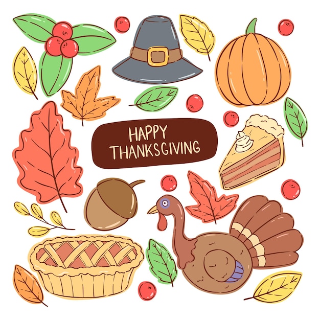 Set van thanksgiving-pictogrammen of elementen met kleurrijke doodle-stijl