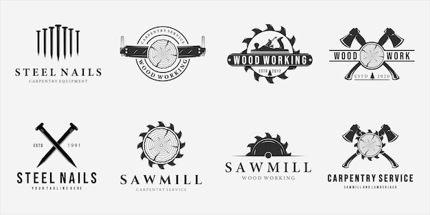 Set van timmerwerk logo vintage vector illustratie sjabloonontwerp. bundel collectie van verschillende vakman of timmerman apparatuur zagerij hamer bijl nagels houten houthakker jack vliegtuig logo pictogram ontwerp