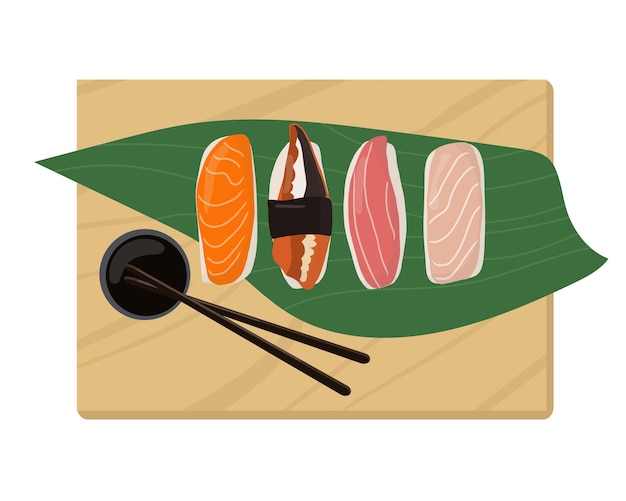 Set van traditionele Japanse gerechten van broodjes en sushi met zeevruchten op een houten dienblad