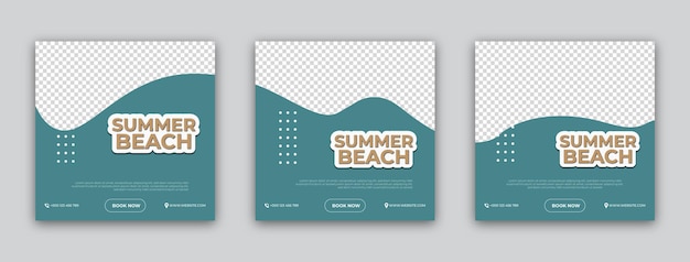 set van Travel Summer Beach-posterontwerpen met zomerse blauwe en gele kleuren Bewerkbare sjabloon