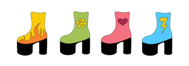 Set van trendy 1980 retro disco laarzen Collectie vintage schoenen verschillend ontwerp Vector plat