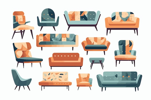 Set van trendy sofa's stoelen fauteuils Ottomanen en banken met kussens in retro midcentury stijl geïsoleerd op witte achtergrond Vector cartoon illustratie