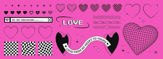 Set van trendy Valentijnsdag Y2K grafische vormen op een roze zuur achtergrond harten en sterren symbolen