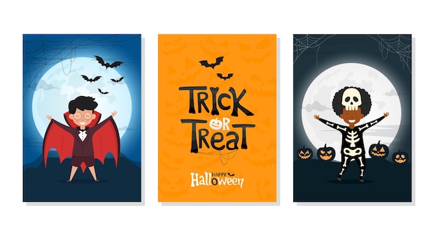 Set van trick or treat-posters. vectorillustratie van halloween-uitnodigingsdekking met kinderen in costum