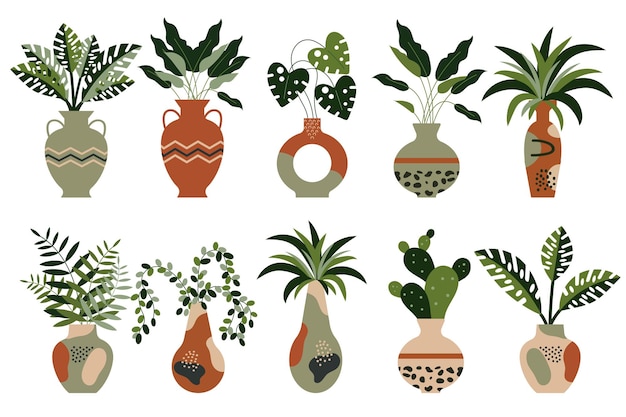 Set van tropische kamerplanten in vintage kleipotten met ornamenten. Decoratieve elementen, pictogrammen, vector